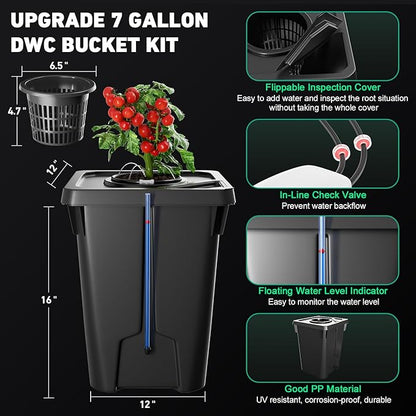 DWC Hydroponics Growing System with Top Drip Kit 7 Gallon Deep Water Culture Bucket System with Air Pump, Air Stone, Air Hose, Recirculating Drip Garden System