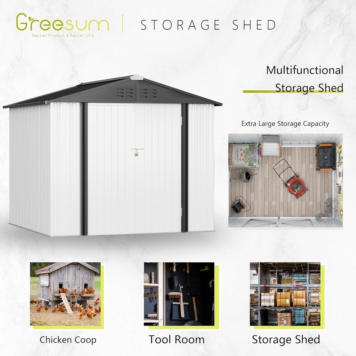 Greesum 8x6FT Outdoor Storage Shed, Utility Tool Shed Metal Storage Garden Shed with Door & Lock for Patio Storage, White