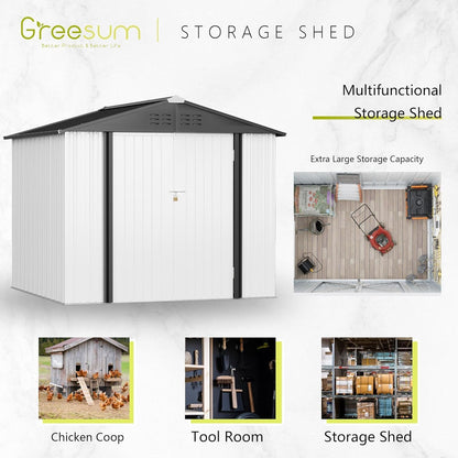 Greesum 8x6FT Outdoor Storage Shed, Utility Tool Shed Metal Storage Garden Shed with Door & Lock for Patio Storage, White