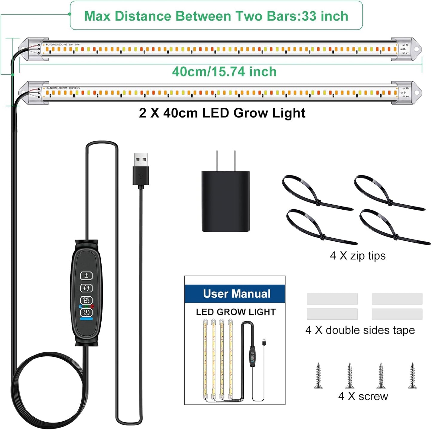 16" Plant Grow Light Strips, 120 LEDs Grow Lights for Indoor Plants Full Spectrum with 3/9/12H Timer & 10 Dimmable Levels, Sunlight Plant Growing lamp for Hydroponics Succulent 2 Heads