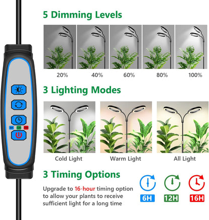 Large Plant Light for Indoor Plants, 2 Head Full Spectrum Grow Light with 68" Adjustable Stand for Growing Large Tall Plants, Black Halo Floor LED Grow Lamp with 16 Hour Timer