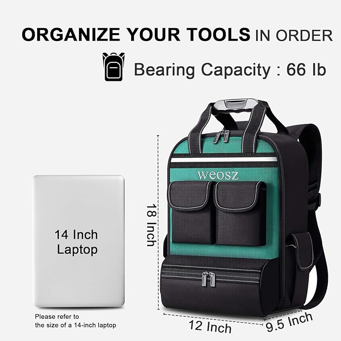 Tool Backpack for Men 18 Inch Heavy Duty Waterproof Multiple Pockets Tool Bag Organizer with Shoulder for Electrician Mechanics HVAC Engineer