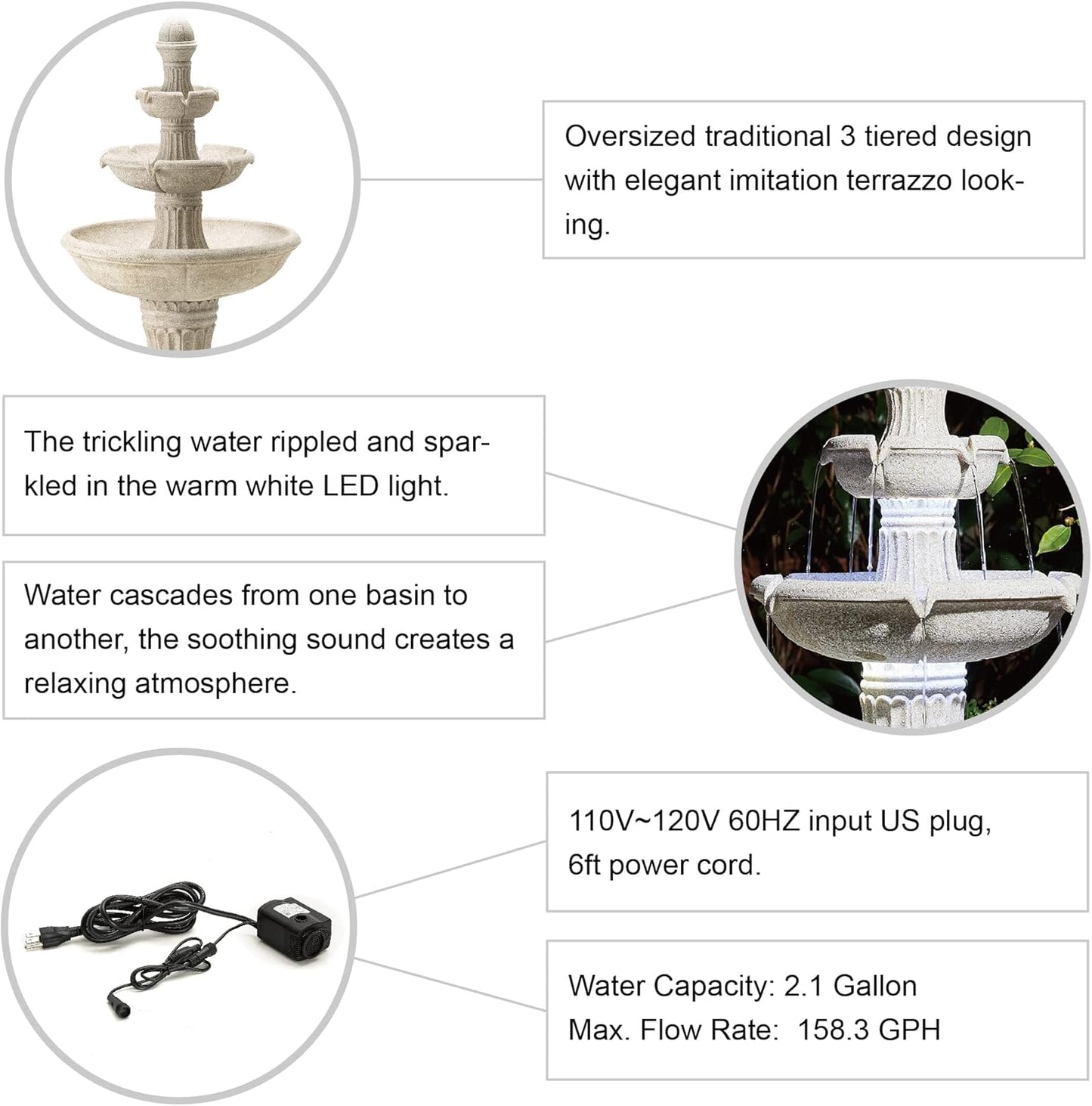 Glitzhome Outdoor Fountains and Waterfalls 3 Tier Patio Fountain with Pump & LED Light, Resin Terrazzo Water Fountains Oversized Outdoor Floor Stand Fountain for Garden Backyard Yard Lawn Sand Beige