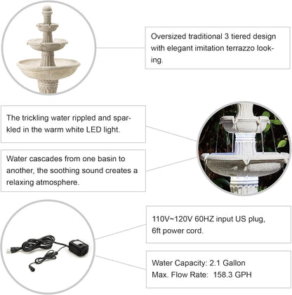 Glitzhome Outdoor Fountains and Waterfalls 3 Tier Patio Fountain with Pump & LED Light, Resin Terrazzo Water Fountains Oversized Outdoor Floor Stand Fountain for Garden Backyard Yard Lawn Sand Beige