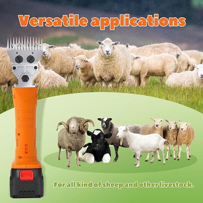 Sheep Shears Cordless 550W 2400RPM Rechargeable Sheep Clipper Professional Animal Clipper, 6-Speed Adjustable with 2X 4000mAh 21V Lithium Batteries for Sheep, Goat, Cattle, Livestock (110V, Orange)