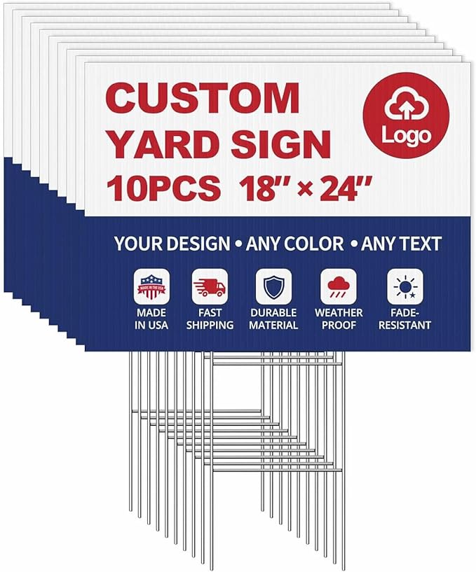 10-Pack Custom Yard Signs with Stakes – 18x24 Personalized Outdoor Directional Signs for Events, Business, and Birthdays – Durable 4mm Weatherproof Corrugated Plastic