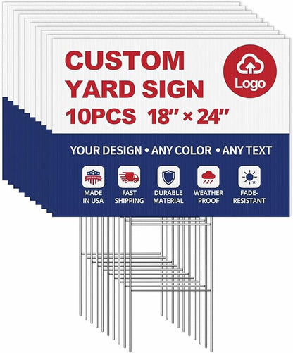 10-Pack Custom Yard Signs with Stakes – 18x24 Personalized Outdoor Directional Signs for Events, Business, and Birthdays – Durable 4mm Weatherproof Corrugated Plastic