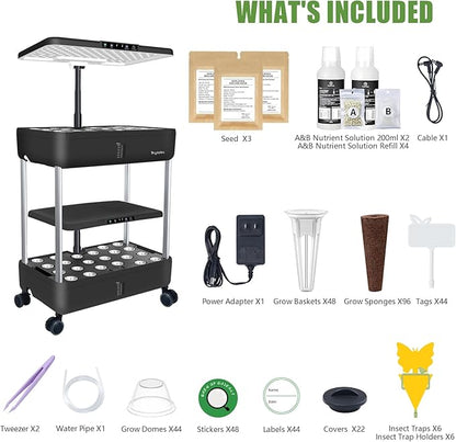 44-Pod Indoor Hydroponic Growing System + 3 Free Seeds Starter Kit (Lettuce, Salad Mixed, Basil Seeds) – Dual 53W Full-Spectrum LED, 10-L Water Tank, 2-Tier Grow Pods