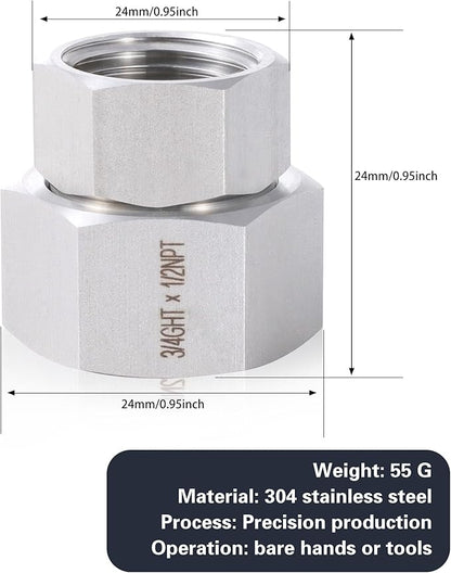 2 Pcs Stainless Steel Garden Hose Fittings Connectors Adapter,3/4" GHT to 1/2" NPT Repair Female to Female Double dual water hose connector, Lead-Free (Pack of 2)