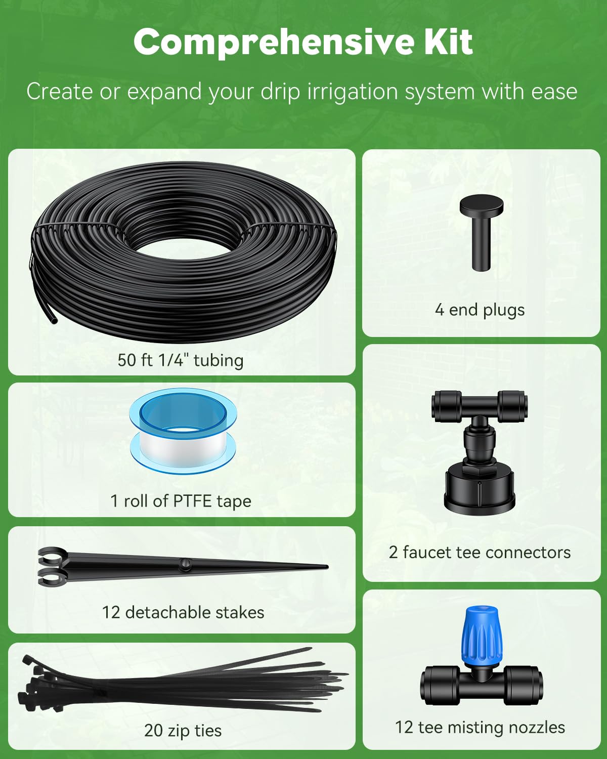 Pawfly 50ft Mist Drip Irrigation Kit - Quick-Connect Drip Irrigation System with 1/4" Tubing, Adjustable Misting Nozzles & Drip Irrigation Parts for Greenhouse, Lawn, Patio and Raised Beds