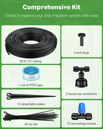 Pawfly 50ft Mist Drip Irrigation Kit - Quick-Connect Drip Irrigation System with 1/4" Tubing, Adjustable Misting Nozzles & Drip Irrigation Parts for Greenhouse, Lawn, Patio and Raised Beds