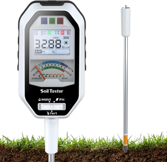 Soil Moisture Meter, 7-in-1 Soil PH Tester/Soil Moisture/Fertility with Removable Probe, Digital Air Temp/Humidity/Sunlight Intensity/BGR Spectral for Plants Gardening, Lawn and Indoor Outdoor Plants