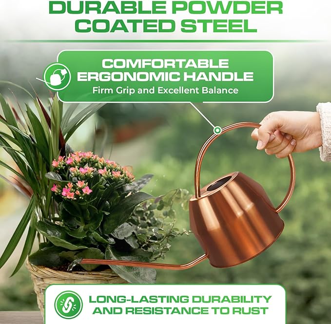 Plexon Rose Gold Metal Watering Can Indoor Plants 40 oz, Stainless Steel Long Spout Watering Can Outdoor House Plant Flower, Garden