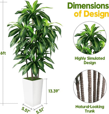 Artificial Dracaena Tree Indoor, 6FT Tall Fake Tree with White Tall Planter, Artificial Trees Fake Yucca Potted Tree for Home Office Living Room Decor，Tall Artificial Plant for Housewarming