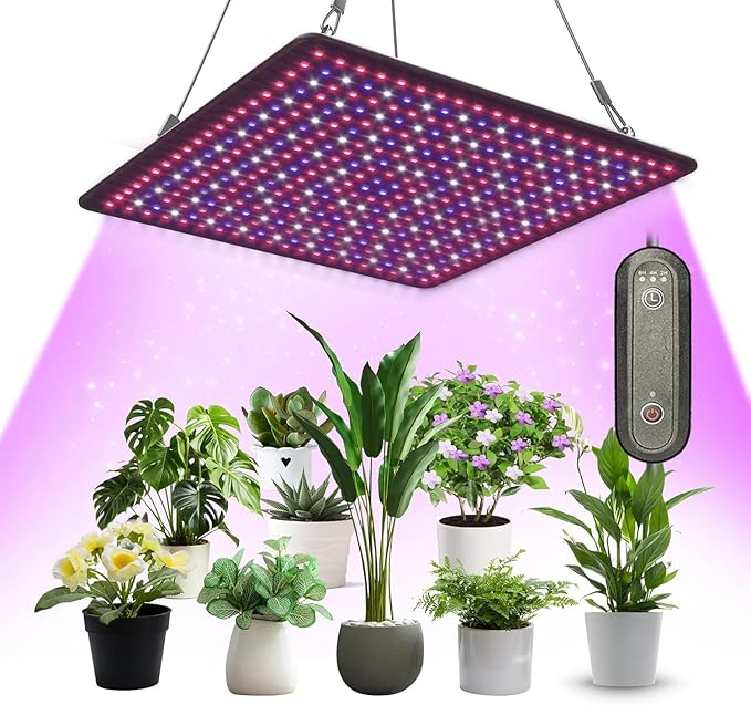LED Grow Light Panel 600W Lamp for Indoor Plants, Full Spectrum with White Blue Red UV IR LEDs for 3x3ft Coverage Grow Tent Greenhouse Veg and Bloom Seedlings Hydroponics Timer Brightness