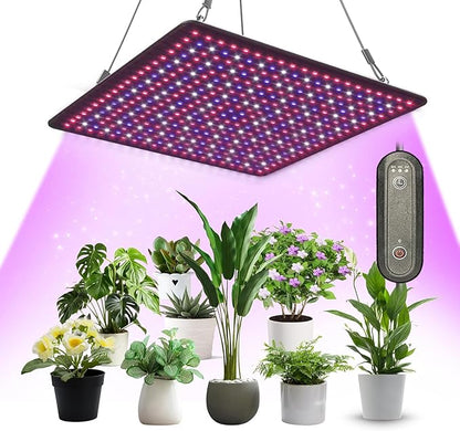 LED Grow Light Panel 600W Lamp for Indoor Plants, Full Spectrum with White Blue Red UV IR LEDs for 3x3ft Coverage Grow Tent Greenhouse Veg and Bloom Seedlings Hydroponics Timer Brightness
