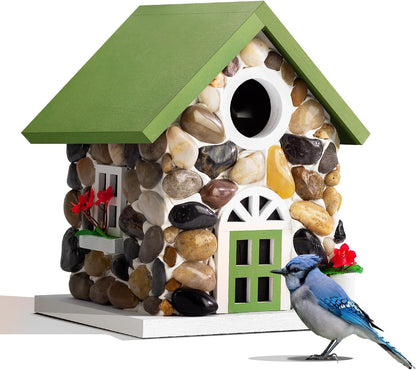 Masterpiece Bluebird House for Outside Clearance,Hanging Bird House for Outdoor, Stone Villa, Birdhouse for Outside, Garden Statue Solid Wood Longtime Lasting, Post Pole Mountable (Green)
