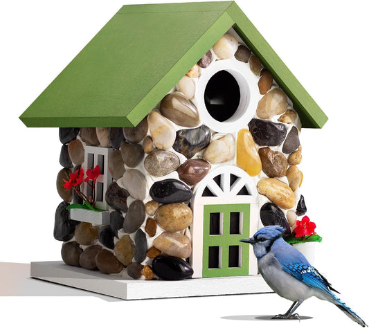 Masterpiece Bluebird House for Outside Clearance,Hanging Bird House for Outdoor, Stone Villa, Birdhouse for Outside, Garden Statue Solid Wood Longtime Lasting, Post Pole Mountable (Green)
