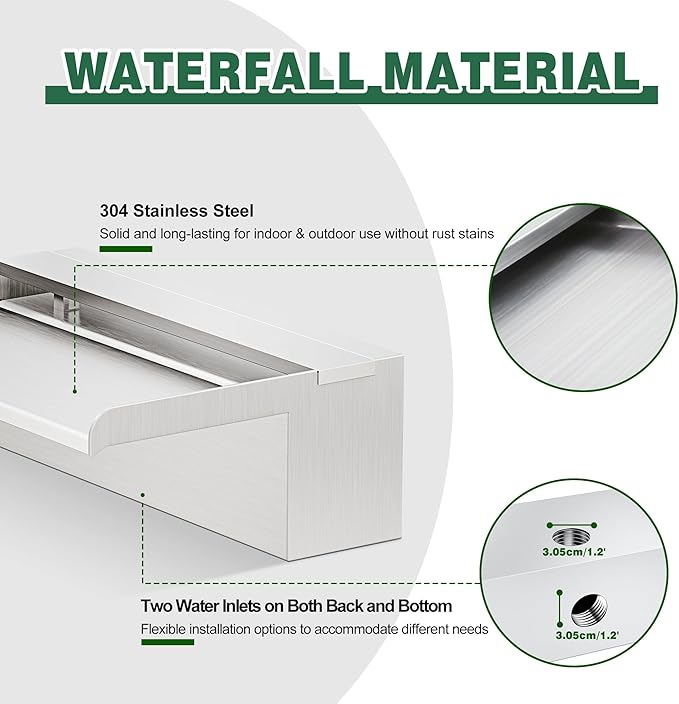 Waterfall Pool Fountain, LONGRUNNEW Stainless Steel Waterfall Spillway with Pipe Connector Kits for Outdoor/Indoor Decorative, 11.8 Inches Pool Water Feature for Garden Patio, Backyard Koi Pond Decor
