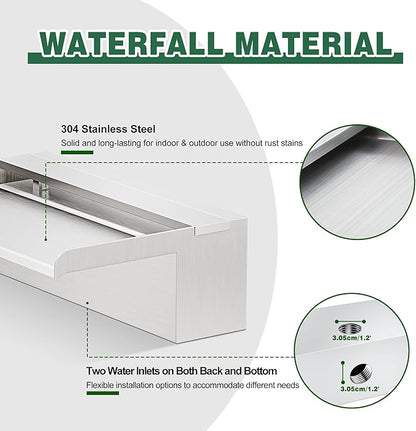 Waterfall Pool Fountain, LONGRUNNEW Stainless Steel Waterfall Spillway with Pipe Connector Kits for Outdoor/Indoor Decorative, 11.8 Inches Pool Water Feature for Garden Patio, Backyard Koi Pond Decor