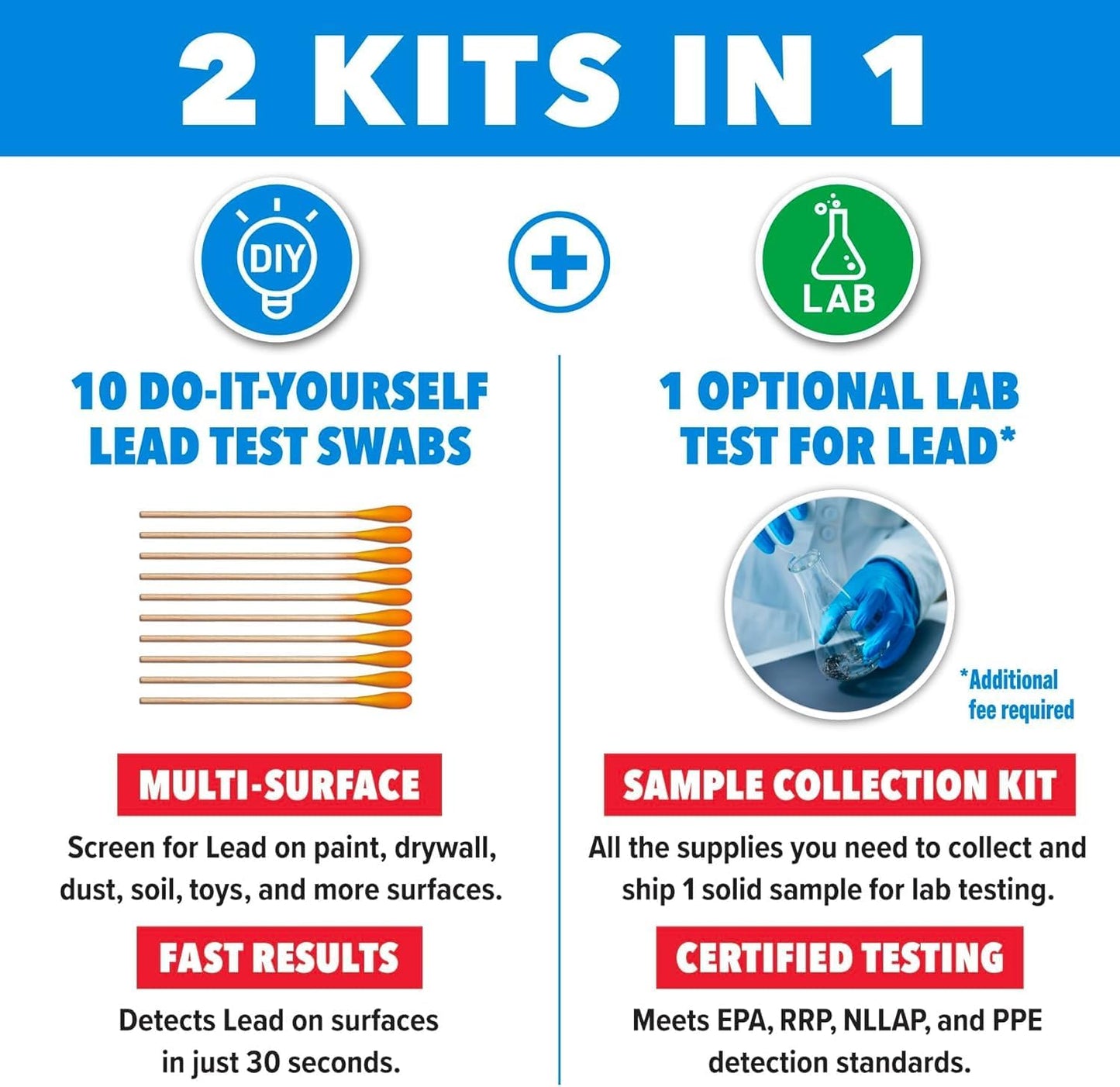 Safe Home® Lead Combo Test Kit – 10 DIY Swabs + Optional Testing at our EPA Certified Lab – Detect Lead on Solid Surfaces – USA Made for Homeowners & Contractors – (2 Pack)
