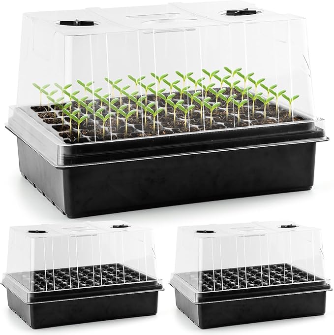 Heavy Duty Seed Starter Trays with 5'' Tall Humidity Domes & 2.75'' Deep Cells – 3-Pack (162 Cells Total) Reusable Plant Germination Kit, Durable Plastic Seedling Trays for Herbs, Vegetables