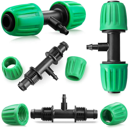 12 Pack Drip Irrigation Fittings for 1/2 Inch to 1/4 Inch Tubing Reducing Tee：1/2" (1/2" ID x 0.65" OD) to 1/4" Drip Line Anti-drop Locked Nut Barbed Reducer Tee Connectors