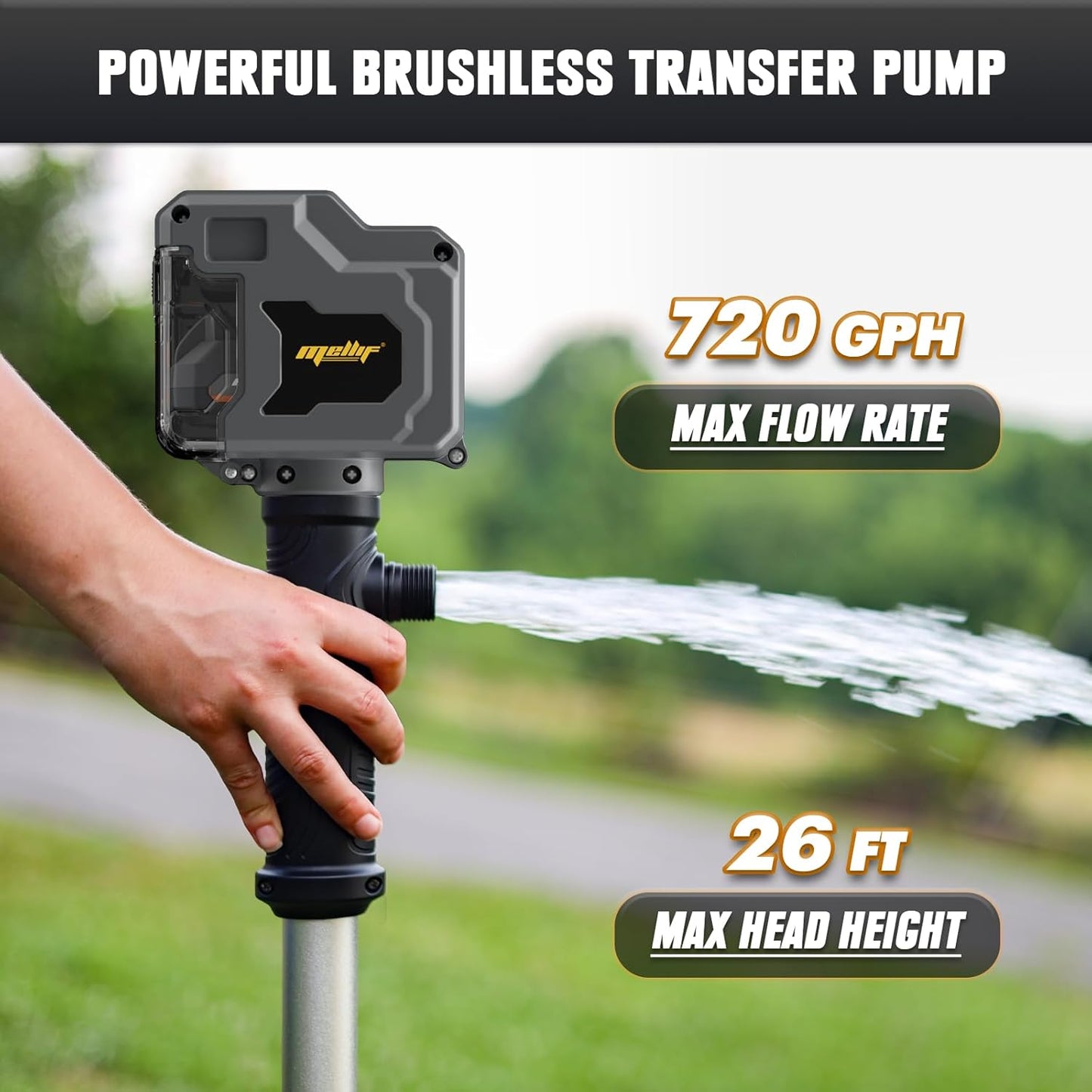 Mellif Cordless Stick Transfer Pump Compatible with Dewalt 20v Max Battery (TOOL ONLY) - 720GPH, Brushless, Portable Submersible Water Pump with 39’’ Hose for Pool, Garden, Pond, Deep Well Draining