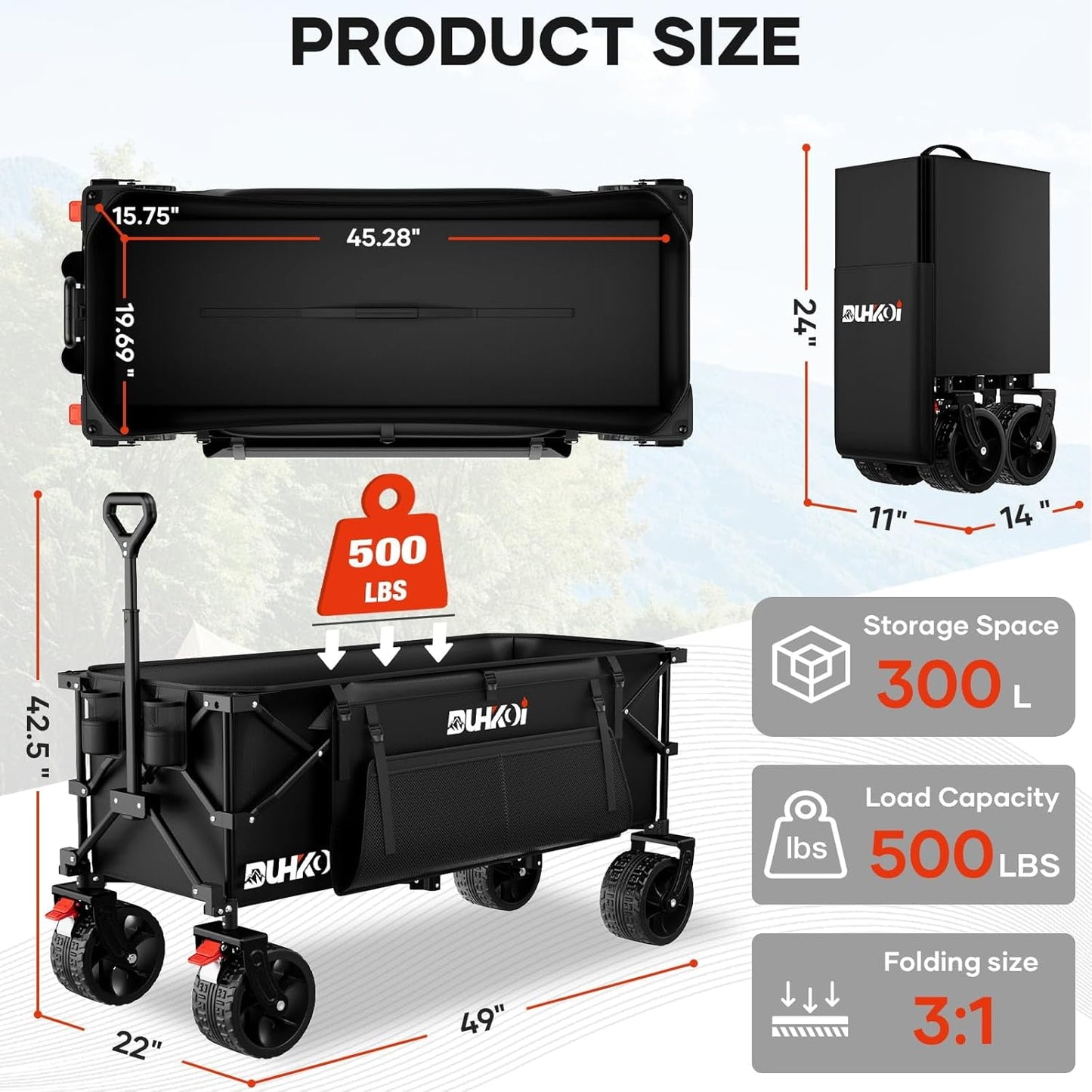 49" L Collapsible Foldable Extended Wagon with 500lbs Weight Capacity,300L Heavy Duty Beach Cart,Large Utility Wagon with Cup Holders,Cart for Sports,Outdoors,Grocery,Shopping,Black