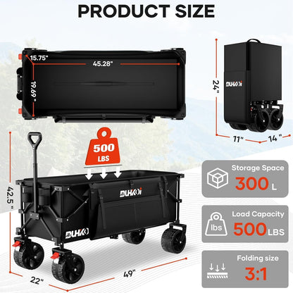 49" L Collapsible Foldable Extended Wagon with 500lbs Weight Capacity,300L Heavy Duty Beach Cart,Large Utility Wagon with Cup Holders,Cart for Sports,Outdoors,Grocery,Shopping,Black