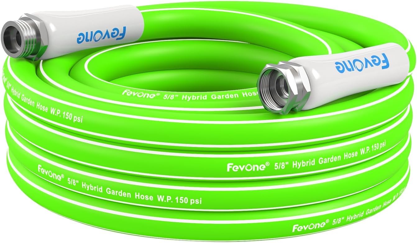 Fevone 25 ft x 5/8" Heavy Duty Garden Hose, Drinking Water Safe, Flexible & Kink-Free Hybrid Polymer Water Hose, Lightweight Outdoor Hose with 3/4" Solid Aluminum Fittings