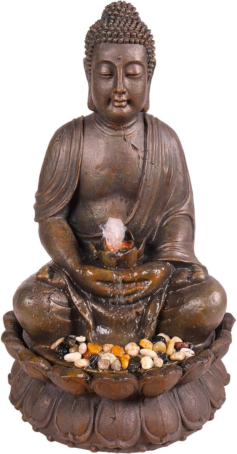 Alpine Corporation GEM122 Outdoor Floor Meditating Soothing Buddha Statue Waterfall Fountain for Garden, 33", Bronze