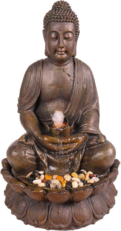 Alpine Corporation GEM122 Outdoor Floor Meditating Soothing Buddha Statue Waterfall Fountain for Garden, 33", Bronze