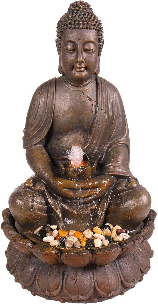 Alpine Corporation GEM122 Outdoor Floor Meditating Soothing Buddha Statue Waterfall Fountain for Garden, 33", Bronze