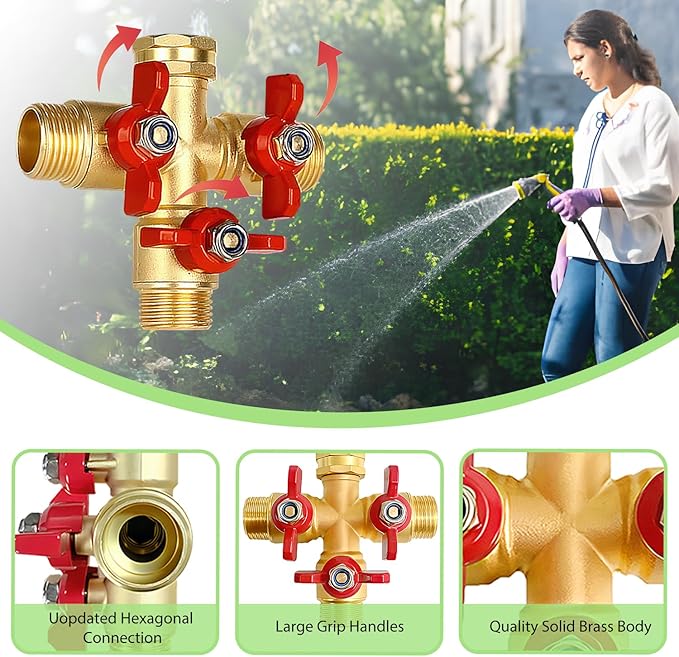 3 Way Garden Hose Splitter, Solid Brass High Flow Spigot Splitter with 3/4” GHT Thread, Individual Shut-Off Valves & Long Handle, Heavy Duty Hose Manifold for Outdoor Faucet