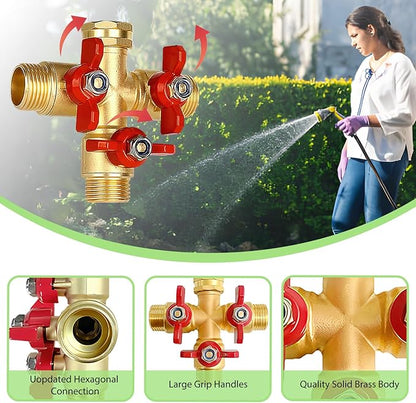 3 Way Garden Hose Splitter, Solid Brass High Flow Spigot Splitter with 3/4” GHT Thread, Individual Shut-Off Valves & Long Handle, Heavy Duty Hose Manifold for Outdoor Faucet