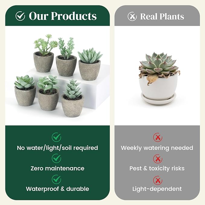 DomeStar 6PCS Small Fake Plants, Artificial Succulents Plants for Home Office Bathroom Kitchen Decor Green