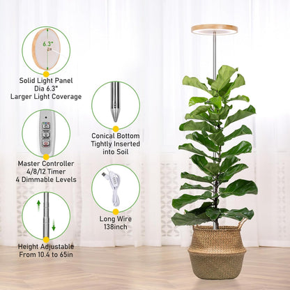 LORDEM Bamboo Grow Light, Full Spectrum LED Plant Grow Light, Height Adjustable Growing Lamp with Auto Timer 4H/8H/12H, 4 Dimmable Levels, Ideal for Large Tall Plants