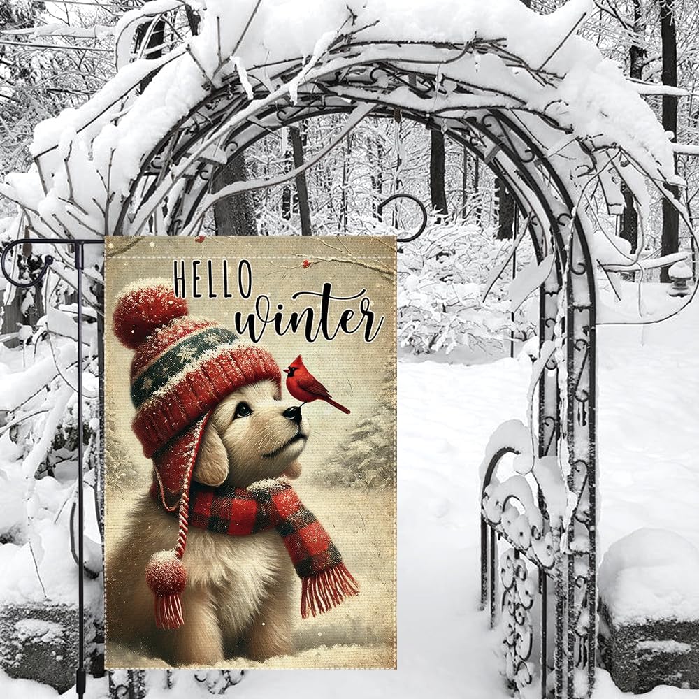 Hello Winter Dog Garden Flag 12x18 Vertical Double Sided Cardinal Bird Snow Christmas Holiday Outside Decorations Burlap Yard Flags