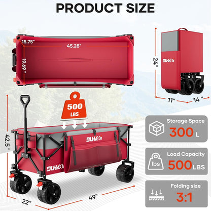 49" L Collapsible Foldable Extended Wagon with 500lbs Weight Capacity,300L Heavy Duty Beach Cart,Large Utility Wagon with Cup Holders,Cart for Sports,Outdoors,Grocery,Shopping (Rosepink)