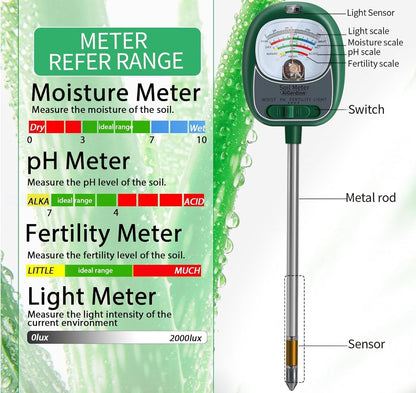 Soil Tester, Soil Moisture Meter/Soil pH Meter/Sun-Light/Fertility for Gardening, Large Dial Soil pH Tester Plant Water Meter for Indoor&Outdoor Garden,Farm Soil Test Kit-Green