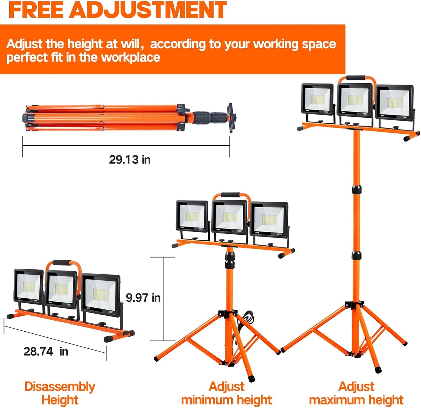 21000 Lumen Work Lights with Stand, 3 Adjustable Head LED Work Light, with Adjustable and Foldable Tripod Stand, Waterproof Lamp with Individual Switch with 6500 Kelvin Color Temperature