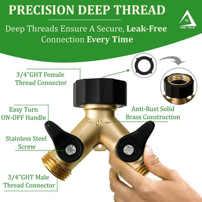 Heavy Duty 2 Way Hose Splitter (Premium Brass for Superior Durability), Wye Garden Hoses Connector for Water Spigot Faucet Bib Tap, Double Shut Off Valve, Y Adapter, Rust-Resistant Finish, Zero Leaks