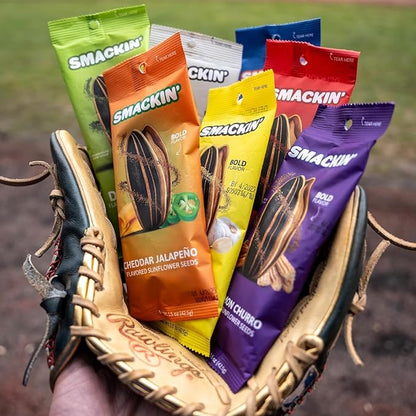 SMACKIN' Sunflower Seeds, No Salty Burn, Roasted Jumbo Small-Batch, American Made - 10 Flavor Variety. 1.5oz bags (10 Bags)