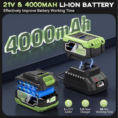 Leaf Blower Cordless - 650 CFM 150 MPH Electric Leaf Blower with 2 x 4.0Ah Batteries & Fast Charger, 2-Speed Settings, Lightweight Blower for Lawn, Yard, Leaves, Dust, and Snow Care (Green)