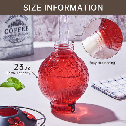 Glass Hummingbird Feeders for Outdoors Hanging, 23Oz Humming Bird Nectar Feeders with Perch, 5 Flower Feeding Ports, Leak Proof Base and Hook for Garden Decor, Gifts for Mom Women (Red)