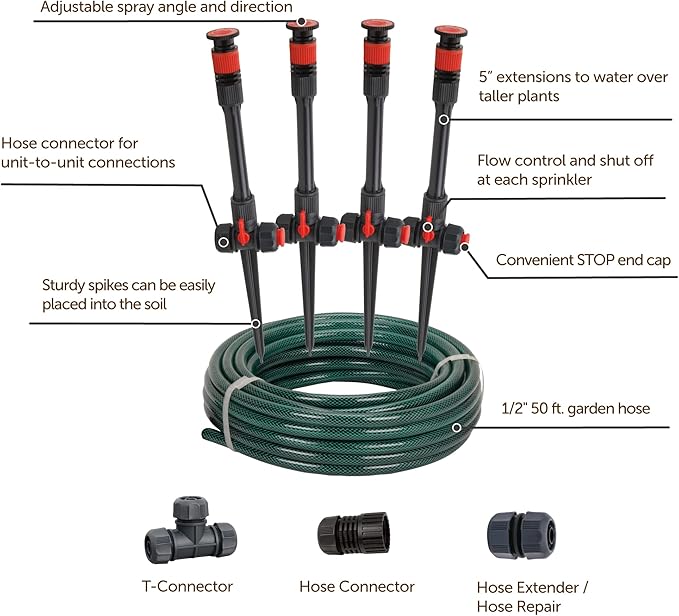 Eden 98063 Multi-Adjustable Flex Design Above Ground Irrigation Garden Sprinkler System, Sprinkler & Hose, DIY Plant Watering Set