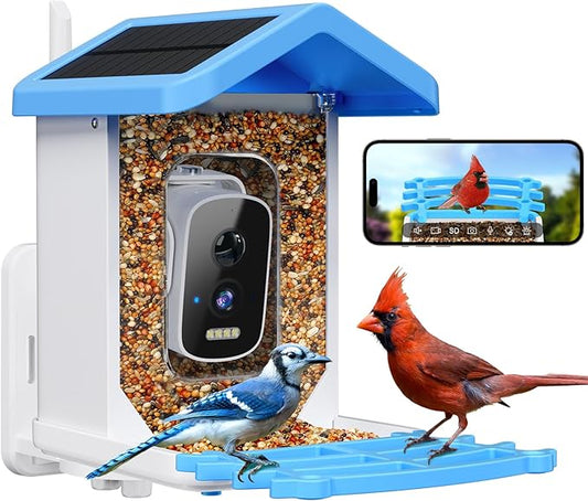 Smart Bird Feeder with Camera, AI Bird Species Identification Solar Powered Panel, 2.5k HD Video Bird House with Camera for Outside Garden, Ideal Gifts for Lover, Blue