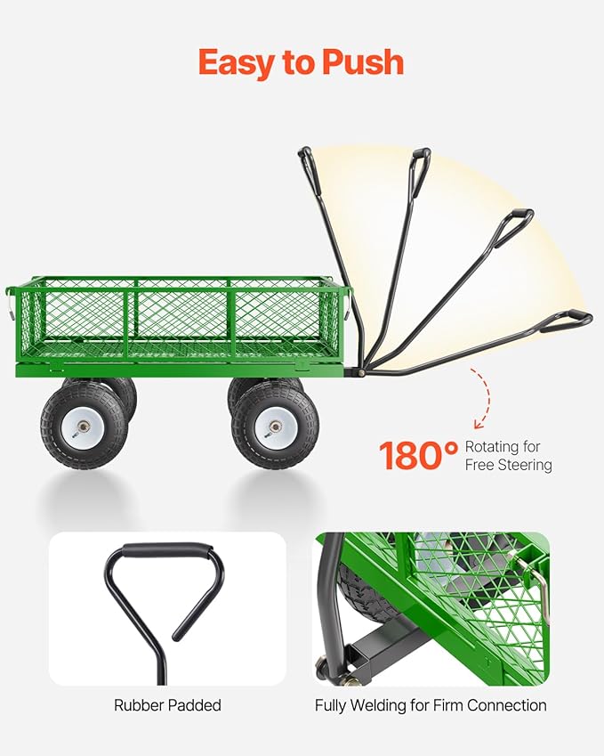 VEVOR 900 Lbs Steel Garden Cart on Wheels, Heavy Duty Pullable Garden Wagon Yard Cart, Outdoor Metal Utility Wagon with 10" Tires and Mesh Removable Sides(Convert to Flatbed), and 180°Rotating Handle