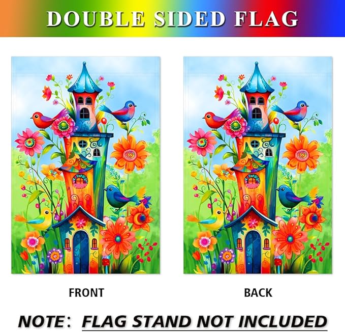Whimsical Bird House Flags 28x40 Double Sided Welcome Large Garden Flag Holiday Yard Outdoor Decoration
